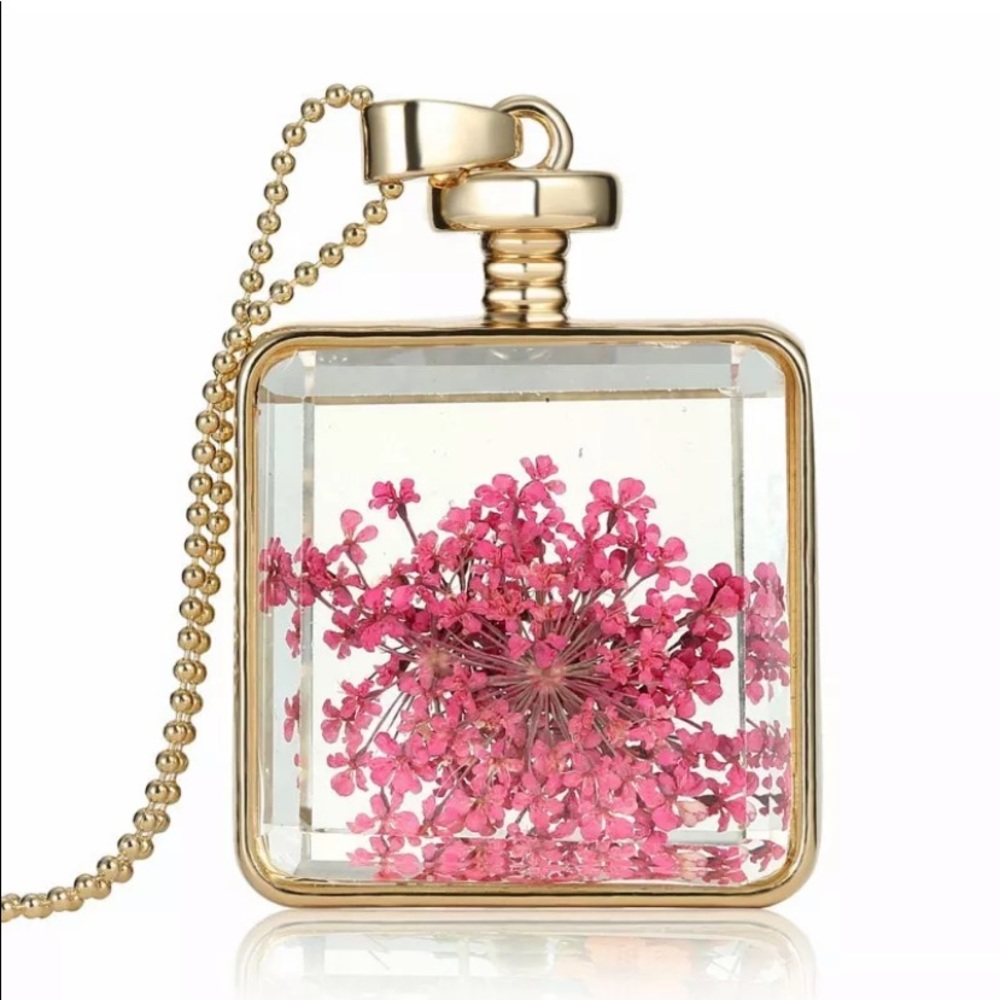 GOLD TONE GLASS BOTTLE with DRIED FLOWER NECKLACE